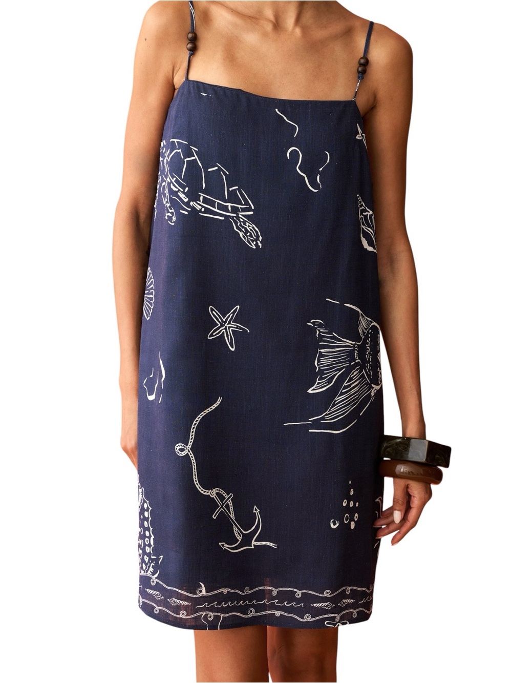 Anaya Few Moda Bowie Dress Navy Blue Sea Life Beach Nautical Linen NWT